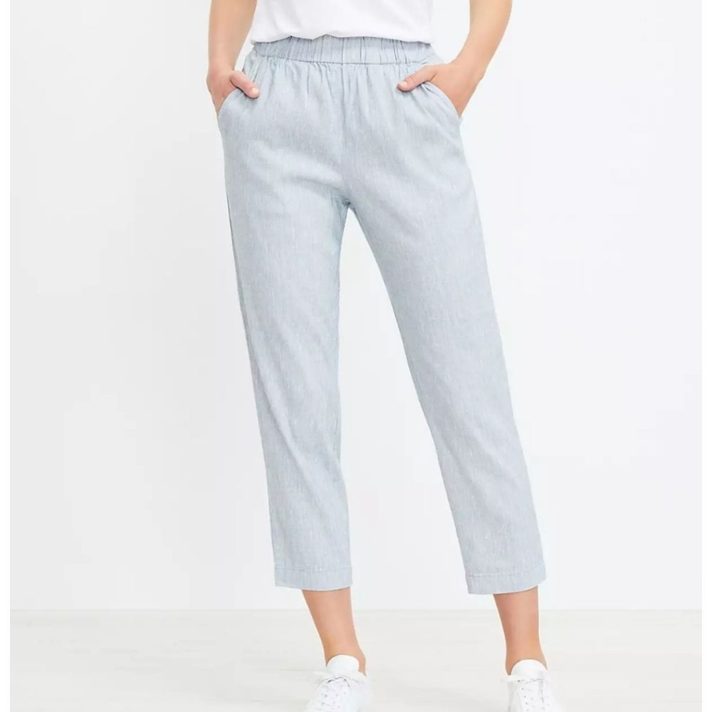 Lou & Grey Crosshatch Softstretch Linen Pants L Blue Pull-On Elastic Waist